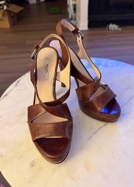 Prada Brown Leather Crisscross Platform Slingback Sandals